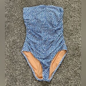 J. Crew Ruched One Piece Swimsuit in Blue with floral pattern.